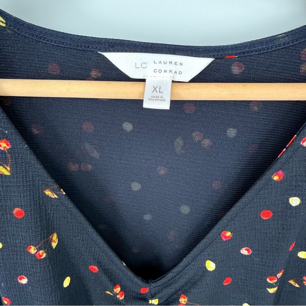 LC Lauren Conrad Black Cherry Print Dress XL Ruched Mini Rockabilly Retro Pinup - Picture 5 of 14